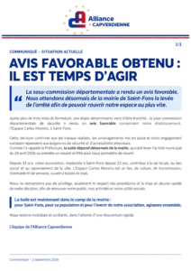 Visuel du communiqué du 2 septembre 2026 : avis favorable de la sous-commission de sécurité, une étape importante vers la réouverture.